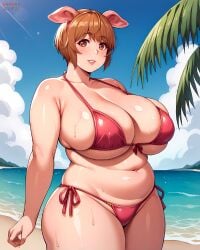 ai_generated bare_thighs bbw bikini bikini_top brunette_hair elf-san_wa_yaserarenai eroero_waifus gigantic_breasts huge_breasts huge_thighs light-skinned_female light_skin looking_at_viewer massive_breasts oku pig_ears red_eyes short_hair smiling solo_female squatting sweat sweatdrop thick_body thick_female thick_thighs thighs voluptuous voluptuous_female