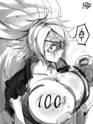 areolae baiken big_breasts breasts busty celebration eye_patch female female_focus guilty_gear huge_breasts large_breasts line_art long_hair madd_horner monochrome nipples ponytail tagme