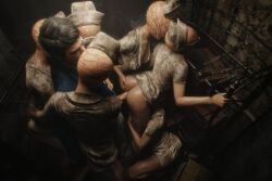 1boy 3d 3d_(artwork) ass female female_penetrated from_behind from_behind_position light-skinned_female light-skinned_male light_skin male monster_girl multiple_girls nurse_(silent_hill) penetration playfair3d sex silent_hill silent_hill_2