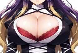 ai_generated black_dress blonde_hair blonde_hair bra breasts_bigger_than_head breasts_out brown_hair cross_section head_out_of_frame hijiri_byakuren hijiri_byakuren huge_breasts multicolored_hair open_clothes purple_hair red_bra smile touhou white_dress