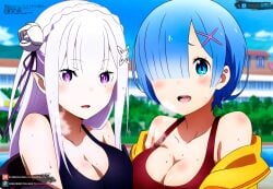 2girls ai_generated big_breasts blue_eyes blue_hair curvy curvy_figure emilia_(re:zero) hair_ornament juanpiamvs long_hair looking_at_viewer open_mouth patreon patreon_username pressing_breasts_together purple_eyes re:zero_kara_hajimeru_isekai_seikatsu rem_(re:zero) short_hair silver_hair smiling sports_bra sports_uniform subscribestar subscribestar_username sweatdrop watermark