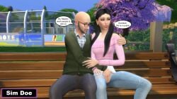 1boy 3d age_difference black_hair caption captions couple couple_(romantic) cute cute_face davion_cross(sim_doe) dianna_cross(sim_doe) english english_text female grandfather_and_granddaughter grey_hair in_public old_man original_characters petite petite_female rubbing rubbing_pussy sim_doe sims sims4 sims_4 speech_bubble the_sims the_sims_4 younger_female