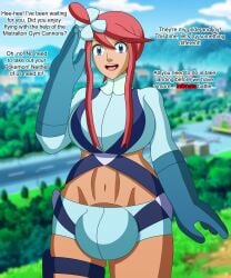 big_breasts big_hands blue_eyes bulge bulge_through_clothing eroticaquatic futa_only futanari gloves pilot_suit pokemon pokemon_bw pokemon_bw2 red_hair salute self_upload shorts skyla_(pokemon) talking talking_to_viewer