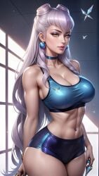 abs ai_generated bare_shoulders belly_button big_breasts breasts choker cleavage collarbone detailed_background evelynn gym_clothes gym_shorts gym_uniform hourglass_figure k/da_all_out_evelynn k/da_all_out_series large_breasts league_of_legends navel_piercing riot_games seducing seduction seductive seductive_body seductive_gaze seductive_look seductive_pose shiny shiny_breasts shiny_skin simple_background sky4maleja sports_bra thick_thighs tight_clothes tight_clothing toned toned_female upper_body waist