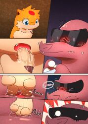 anal anal_sex bodily_fluids comic darrow0 duo english_text generation_2_pokemon generation_5_pokemon hi_res krookodile male male/male male_penetrating mo_(darrow) nintendo penetration pokemon pokemon_(species) quilava speech_bubble text yuel