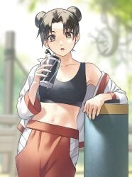 after_exercise black_hair bottle breasts brown_eyes double_bun drink female hair_bun highres holding holding_bottle holding_object leaning_on_object midriff naruto naruto_(series) naruto_shippuden navel open_clothes open_mouth pants scroll short_hair solo sports_bra sweat tenten usao_(313131)