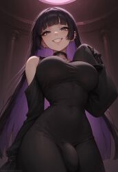 1futa 1futanari ai_generated bare_shoulders black_clothing black_dress black_hair bocchi_the_rock! breasts bulge bulge_through_clothing collar dress futanari gray_eyes grin long_sleeves looking_down makeup nightclub pa-san penis piercing purple_hair smile smiling_at_viewer velonix