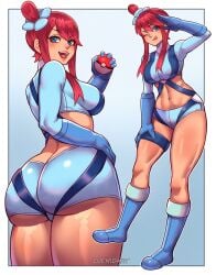 1girls 2024_pokemon_teraleak ass blue_eyes blush boots breasts butt_crack creatures_(company) from_behind game_freak gloves hair_ornament highres holding holding_poke_ball huge_ass leaning leaning_forward looking_at_viewer looking_back luchidart medium_breasts nintendo open_mouth poke_ball pokemon red_hair short_hair short_shorts shorts side_ponytail sideboob skyla_(pokemon) smile solo thick_thighs thighs tongue tongue_out