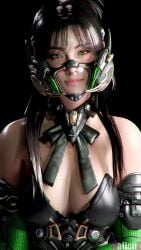 3d 9:16 animated ass black_hair blender bodysuit breasts cleavage cyberpunk facing_viewer female fishnets freyna_(the_first_descendant) gloves green_eyes kallenz long_hair looking_at_viewer medium_breasts mouth_mask music presenting shorter_than_30_seconds smile tagme the_first_descendant vertical_video video