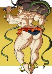 ass goddess horns large_ass large_breasts looking_at_viewer looking_back muramasa_the_demon_blade muscular muscular_female pointy_ears raijin_(muramasa) yellow_eyes