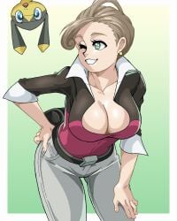 alexa_(pokemon) big_breasts boob_window breasts cleavage curvy curvy_figure female female_focus female_only green_eyes hand_on_hip helioptile large_breasts leaning_forward pale-skinned_female pale_skin pokemon pokemon_xy schlumper short_hair