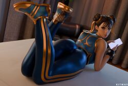 1girls alternate_version_available ass ass_focus bed bedroom big_ass bracelet bracelets chun-li chun-li_(fortnite) clothed clothed_female clothing feet_up female female_focus female_only fortnite fully_clothed fully_clothed_female hair_ribbon kitway laying_down laying_on_bed laying_on_stomach looking_back looking_back_at_viewer on_phone sfw sfw_version shiny shiny_clothes solo solo_female street_fighter