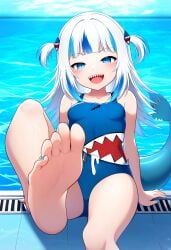 ai_generated blue_eyes cute feet feet_focus gawr_gura horny_female legs novelai pool shark_girl sharp_teeth small_breasts swimsuit tail thighs white_hair