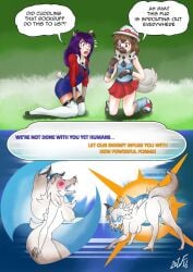 anthro breasts busty_feral dialogue duo female feral generation_7_pokemon genitals hi_res human_to_anthro human_to_feral lycanroc midday_lycanroc nintendo paws pokemon pokemon_(species) pussy rockruff signature species_transformation tail transformation witchfiend