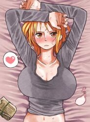 after_sex arms_up banknote bed_sheet blush breasts cleavage commentary condom female grey_shirt heart hickey highres large_breasts long_sleeves looking_at_viewer lying money nami_(one_piece) navel nose_blush on_back one_piece orange_hair prostitution reona_(mesuinupoke) shirt solo spoken_heart sweat sweatdrop sweaty_clothes upper_body used_condom