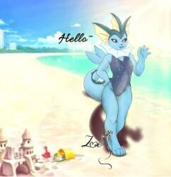 beach big_cock big_penis cock femboy_only nipples penis purple_eyes sand_castle sea sky_blue_body swimsuit vaporeon