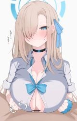 1boy absurdres asuna_(blue_archive) bar_censor black_choker blue_archive blue_bow blue_bowtie blue_eyes blue_halo blue_ribbon blue_scrunchie bow bowtie brown_hair button_gap censored choker commentary engulfing_paizuri female grey_shirt hair_over_one_eye hair_ribbon halo happy_paizuri highres long_hair nui_(nuinui0300) paizuri penis ribbon scrunchie shirt solo_focus straight wrist_scrunchie