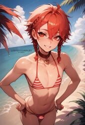 1boy ai_generated alexander_(fate/grand_order) beach bikini bulge collar fate_(series) femboy feminine_male hands_on_hips lustedcomplex male male_only navel outdoors outside red_eyes red_hair seaside sky smile solo solo_male swimwear trap