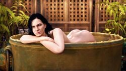 ass ass_up bath bathing black_hair completely_nude female hbnoob light-skinned_female looking_at_viewer nude purple_eyes solo the_witcher_(series) the_witcher_3:_wild_hunt yennefer