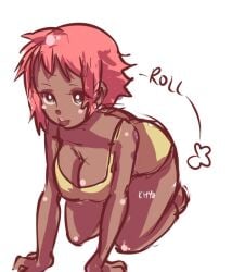 breasts cleavage coral_pink_hair dark-skinned_female dark_skin english_text female female_focus green_eyes kirahatesyou pink_hair rolling solo teal_eyes text yellow_clothing