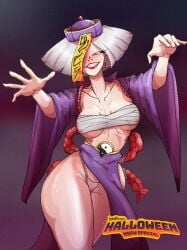 a.k.i. bandage bedbug_(artist) blood_stain evil_grin grin jiangshi jiangshi_costume looking_at_viewer panties red_eyes street_fighter street_fighter_6 vampire white_hair zombie