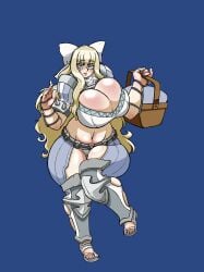 armor belly_button blonde_hair blue_eyes breasts_squeezed_together charlotte_(fire_emblem) cute_face fire_emblem fire_emblem_fates greaves ivanpanced_(artist) large_breasts looking_at_viewer navel picnic_basket puckered_lips sandals self_upload simple_background thick_thighs white_bow wide_hips