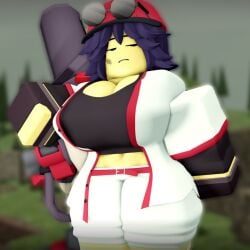 1girls 3d baseball_cap baseball_mortar big_breasts breasts cleavage clothed clothed_female cropped dark_purple_hair midriff mortar_(tds) official_alternate_costume pinkishpinkas roblox roblox_game robloxian tagme tomboy tower_defense_simulator