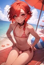 1boy ai_generated alexander_(fate/grand_order) beach bikini bulge collar fate_(series) femboy feminine_male hands_on_hips lustedcomplex male male_only navel outdoors outside red_eyes red_hair seaside sky smile solo solo_male swimwear trap