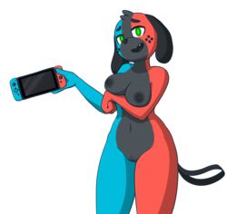 2017 alpha_channel animate_inanimate anthro areola bedroom_eyes breast_rest breasts canine dialogue english_text fangs female furry half-closed_eyes holding_breast innuendo long_ears looking_at_viewer mammal maypul_syrup naked navel nintendo nintendo_switch nipples nude open_mouth pussy seductive smile solo speech_bubble standing switch_dog tail text video_games