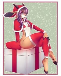 antelope anthro antlers armwear balls bikini brown_fur brown_hair candy candy_cane candy_cane_in_mouth christmas clothing colored_nails crossed_legs eyeshadow food fur gazelle geo geo_(geo) gift girly hair hat highlights holidays hooves horn legwear long_hair looking_at_viewer makeup male mammal multicolored_fur panties purple_eyes purple_nails santa_hat sitting solo solo_male stockings suelix swimsuit two_tone_fur underwear