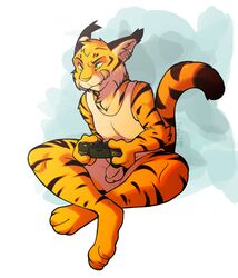 anthro balls bottomless clothed clothing controller ear_piercing feline flaccid gaming green_eyes humanoid_penis hybrid letigre male male_only mammal nowandlater penis piercing solo stripes tiger tigerlynx tongue tongue_out uncut undershirt whiskers