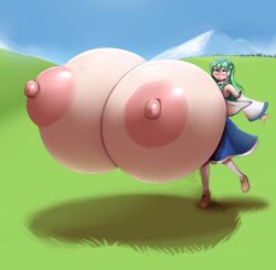 1girls blush breast_expansion breasts_bigger_than_head breasts_bigger_than_torso enjoying enjoying_expansion field field_background green_hair growing_breasts growth hyper hyper_breasts long_hair massive_breasts metachoke sanae_kochiya solo_female tagme touhou