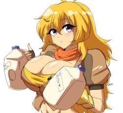 1girls 2024 6457i abs ahoge bare_stomach big_breasts blonde_hair breasts bursting_breasts busty color digital_drawing_(artwork) ember_celica eyebrows_visible_through_hair female female_focus female_only implied_relationship implied_yuri jacket large_breasts long_hair milk_bottle milk_jug purple_eyes rwby simple_background stomach symbol tagme tight_clothing toned_stomach tubetop voluptuous yang_xiao_long