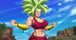 1girls abs big_breasts blue_eyes bracers coffeenexxa dialogue dragon_ball dragon_ball_sparking!_zero dragon_ball_super dragon_ball_z green_hair huge_breasts kefla leggings muscular muscular_female nexxa solo tank_top thick_thighs toned video_games yoga_pants