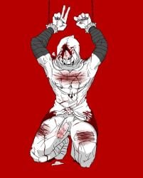 1boy 2023 bandage bandages bara bleeding blood blood_on_clothing blush breath chained chained_up chained_wrists cum cum_on_floor darkest_dungeon drooling flagellant_(darkest_dungeon) flagellation hood kneeling muscular_male peace_sign penis penis_out red_background red_penis scars shaking_penis six_pack smiling solo_male spiked_collar submissive submissive_male teeth_gap veiny_penis whip_marks