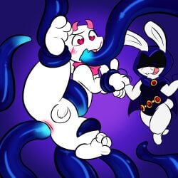 1boy 1girls anal anthro balls bovid bunny_raven cape caprine clothing dc_comics deltarune duo female floating genitals goat hi_res horn lagomorph leotard leporid magic male male/female male_penetrated mammal oral penis pink_horns purple_background questionable_consent rabbit ralsei raven_(dc) scarf simple_background sleepyly small_penis smile suspension tentacle undertale undertale_(series)