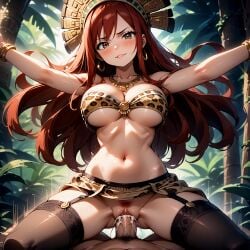 ai_generated aztec cum_in_pussy erza_scarlet jungle large_breasts leopard_print necklace outstretched_arms payop pony_diffusion_xl pov stockings underboob vaginal_penetration vaginal_sex