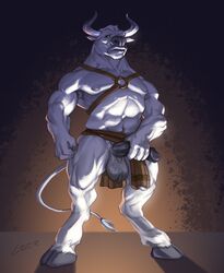 1boy 2017 anthro balls black_penis bovine cattle clothed clothing erection front_view fur gorgoroth horn humanoid_penis laser_(artist) loincloth looking_at_viewer male male_only mammal masturbation minotaur muscular muscular_male partially_clothed penis presenting simple_background solo solo_male straps white_fur