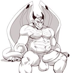 1boy anthro balls barzillai big_penis dragon erection greyscale horn humanoid_penis looking_at_viewer male male_only monochrome musclegut nude penis sitting smile solo taoren wings