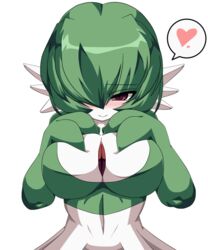 blush breasts female gardevoir half-closed_eyes hands_on_own_chest hands_up heart large_breasts looking_at_viewer narura navel no_humans pokemon pokemon_(species) pokemon_rse red_eyes short_hair simple_background smile solo speech_bubble spoken_heart standing upper_body white_background