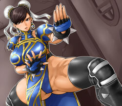 alternate_costume asian ass bracelet breasts bun_cover china_dress chinese_clothes chun-li curvy double_bun earrings fighting_stance fingerless_gloves hair_bun hips jewelry large_breasts muscle official_alternate_costume oreteki pelvic_curtain spiked_bracelet spikes street_fighter street_fighter_v thick_thighs thighhighs thighs