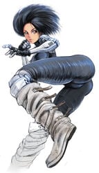 1girls 2017 alita ass battle_angel_alita black_hair bodysuit boots breasts curvaceous cyborg female fingerless_gloves large_breasts light-skinned_female light_skin looking_at_viewer mechanical_arm red_eyes shopyun short_hair skin_tight solo white_background wide_hips