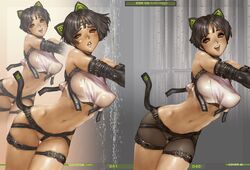 aliori_haberi black_hair breasts brown_eyes clone elbow_gloves erect_nipples female front_view gloves greaseberries highres large_breasts looking_at_viewer navel open_mouth page_40 page_41 page_number right_to_left see-through shiny shiny_skin shirou_masamune short_hair smile solo wet wet_clothes