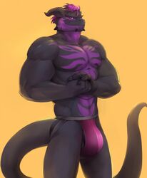 1boy anthro balls barzillai bulge clothing dragon humanoid jockstrap looking_at_viewer male male_only muscular muscular_male penis portrait smile solo standing three-quarter_portrait underwear vu06