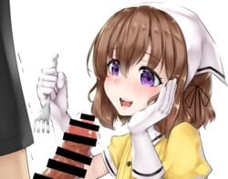 bar_censor blend_s blush brown_hair censored erection eyebrows_visible_through_hair female fork gloves hair_between_eyes hair_ribbon head_scarf holding holding_fork hoshikawa_mafuyu maid maid_headdress open_mouth penis purple_eyes ribbon rocha_(aloha_ro_cha) simple_background solo_focus stile_uniform teeth trembling white_background white_gloves