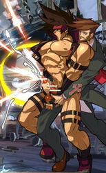 2boys abs bara beard brown_hair ejaculation guilty_gear handjob lifting male_focus male_only multiple_boys muscle muscles muscular muscular_male na_insoo orgasm rennik slayer_(guilty_gear) sol_badguy vampire yaoi