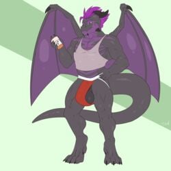 1boy anthro balls barzillai big_bulge bulge clothing dewclawpaw dragon hair horn jockstrap male male_only muscular muscular_male shirt solo standing tank_top underwear wings