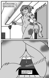 anthro anus ass black_and_white breasts comic dialogue english_text feline feline female fur hair mammal mia_(terdburgler) mia_carpenter monochrome navel nipples pussy pussy_juice pussy_juice_drip pussy_juice_leaking rear_view solo terdburgler text