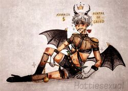 blue_eyes bondage bondage_gear demon demon_boy femboy hottiesexual leather male mammon_(obey_me) obey_me!_one_master_to_rule_them_all original_artwork tan video_games white_hair