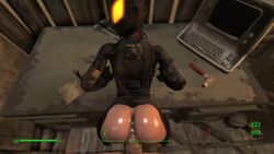 1boy 1girls 3d animated ass chinese_stealth_suit computer desktop electronics fallout female from_behind gameplay_mechanics giver_pov health_bar hud human male male_pov no_sound pale_skin penis pov sex straight video white-crow